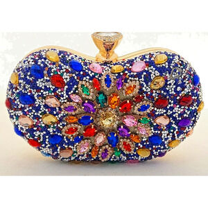 Rhinestone Evening Clutch Purse Crystal Hard Case Gold Tone Chain Wedding Formal
